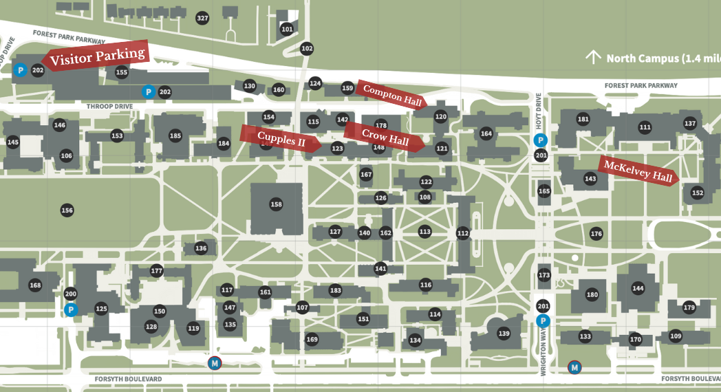 A map of campus indicating the Visitor Parking, Crow Hall, Cupples II, Compton Hall, and McKelvey Hall